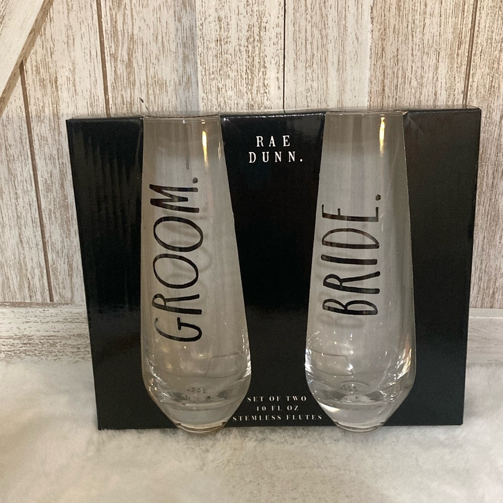 Rae Dunn Groom and Bride Glass Flutes